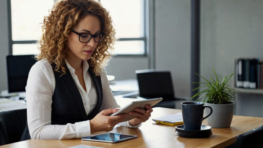 KPIs Analyzing Data on Tablet at Work Desk 